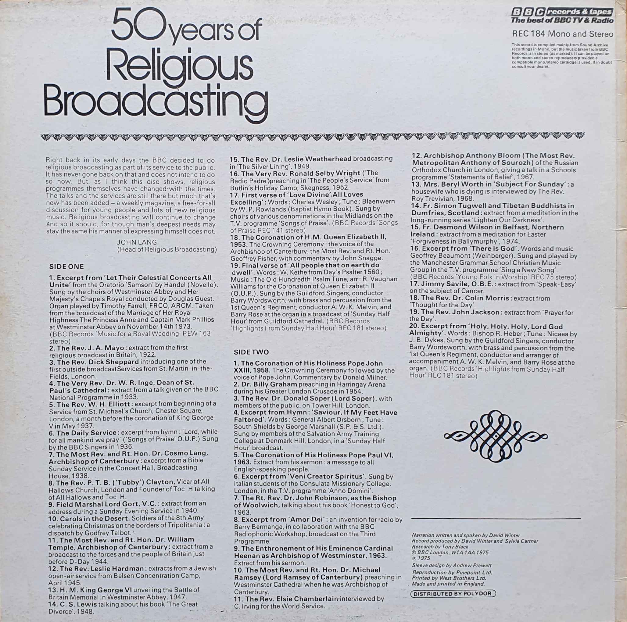 Picture of REC 184 50 years of religious broadcasting by artist Various from the BBC records and Tapes library